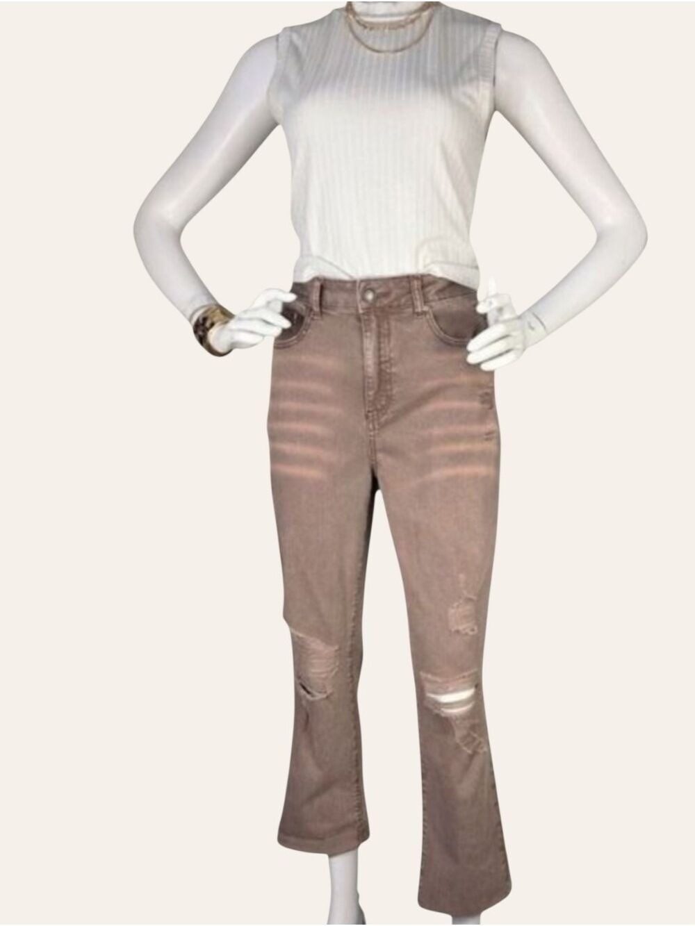 Grace & Lace Taupe Cropped Kick Flare Distressed Jeans Size 8 Boho NWT